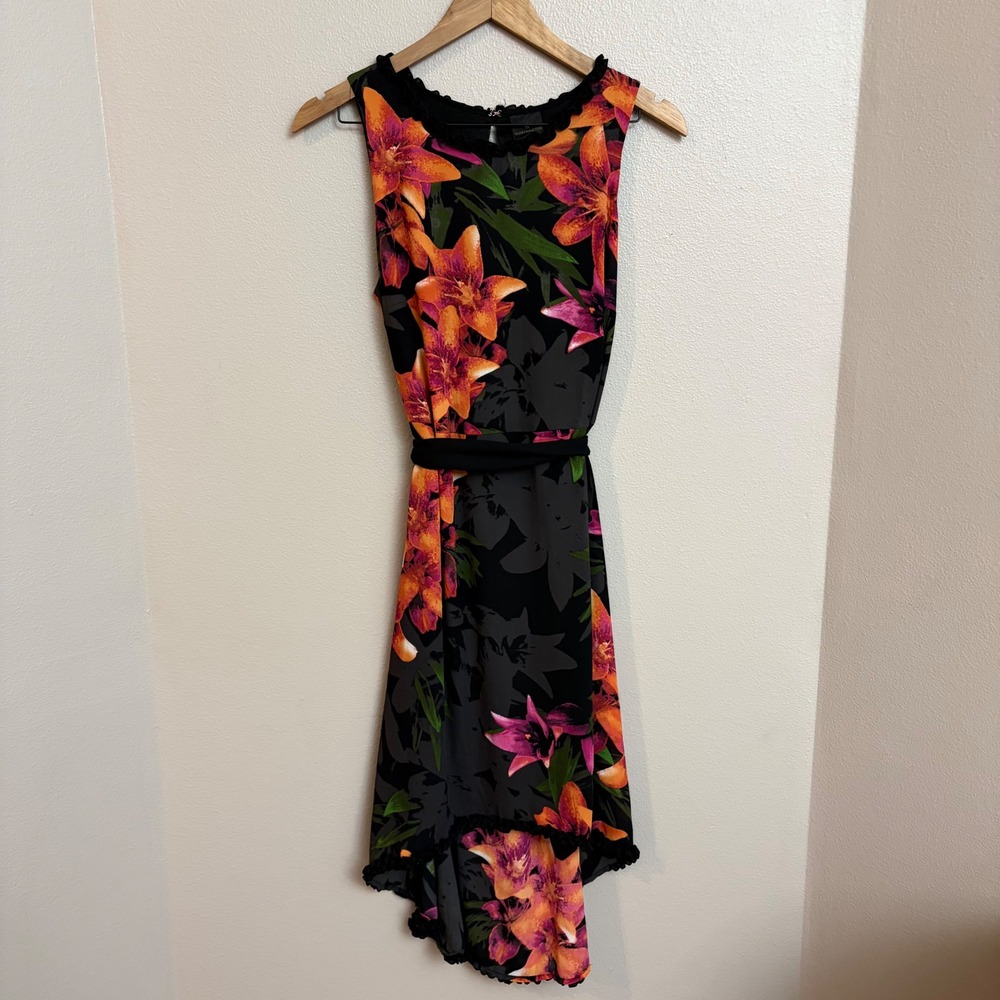 Worthington Floral High Low Dress 6 Lily Print Sleeveless Ruffle Neck Belted NWT